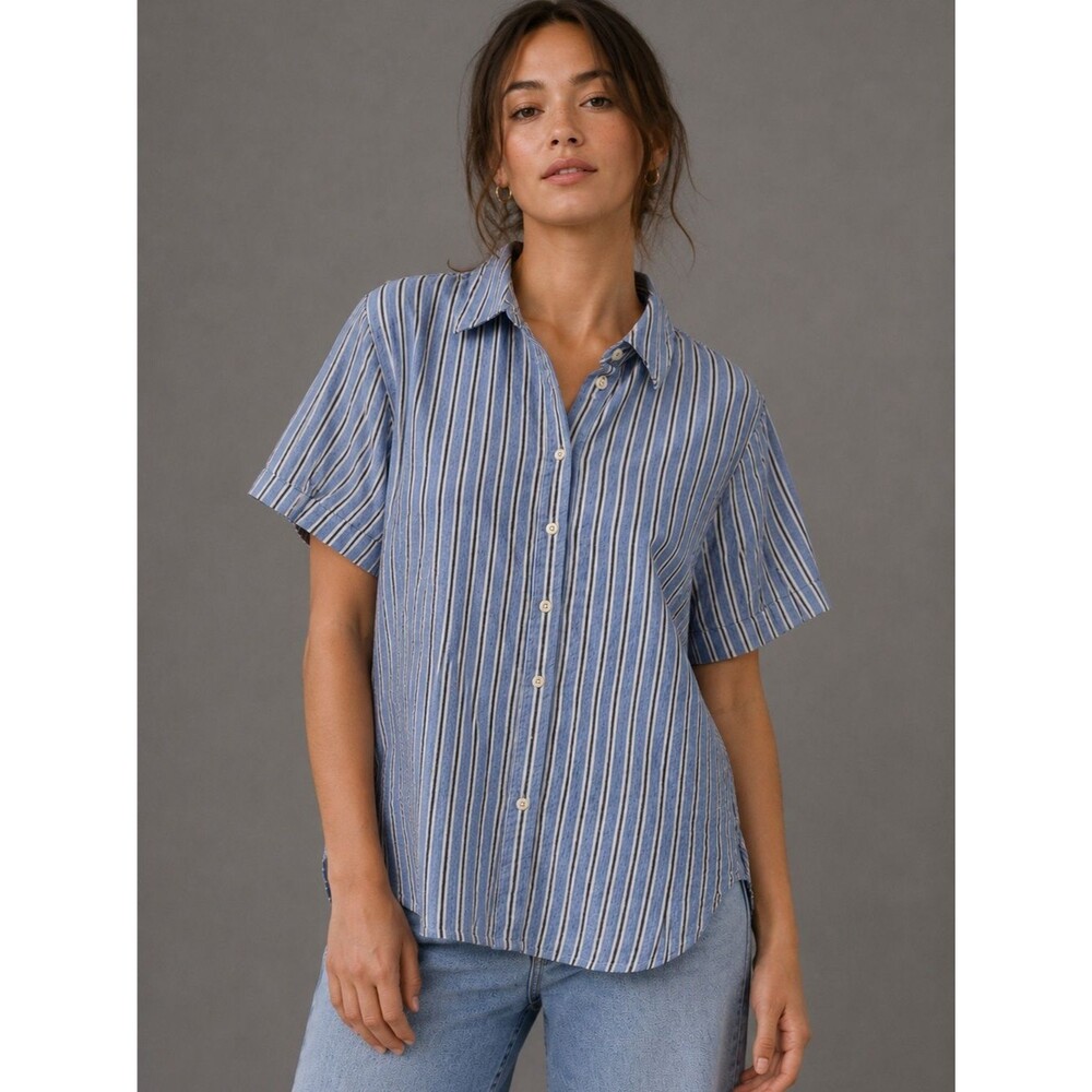 Madewell Blue White Striped Short Sleeve Button Down Shirt Women’s Small
